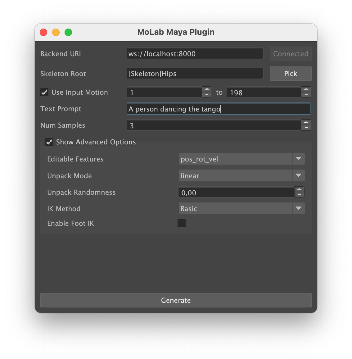Advanced Options of the MoLab Maya Plugin